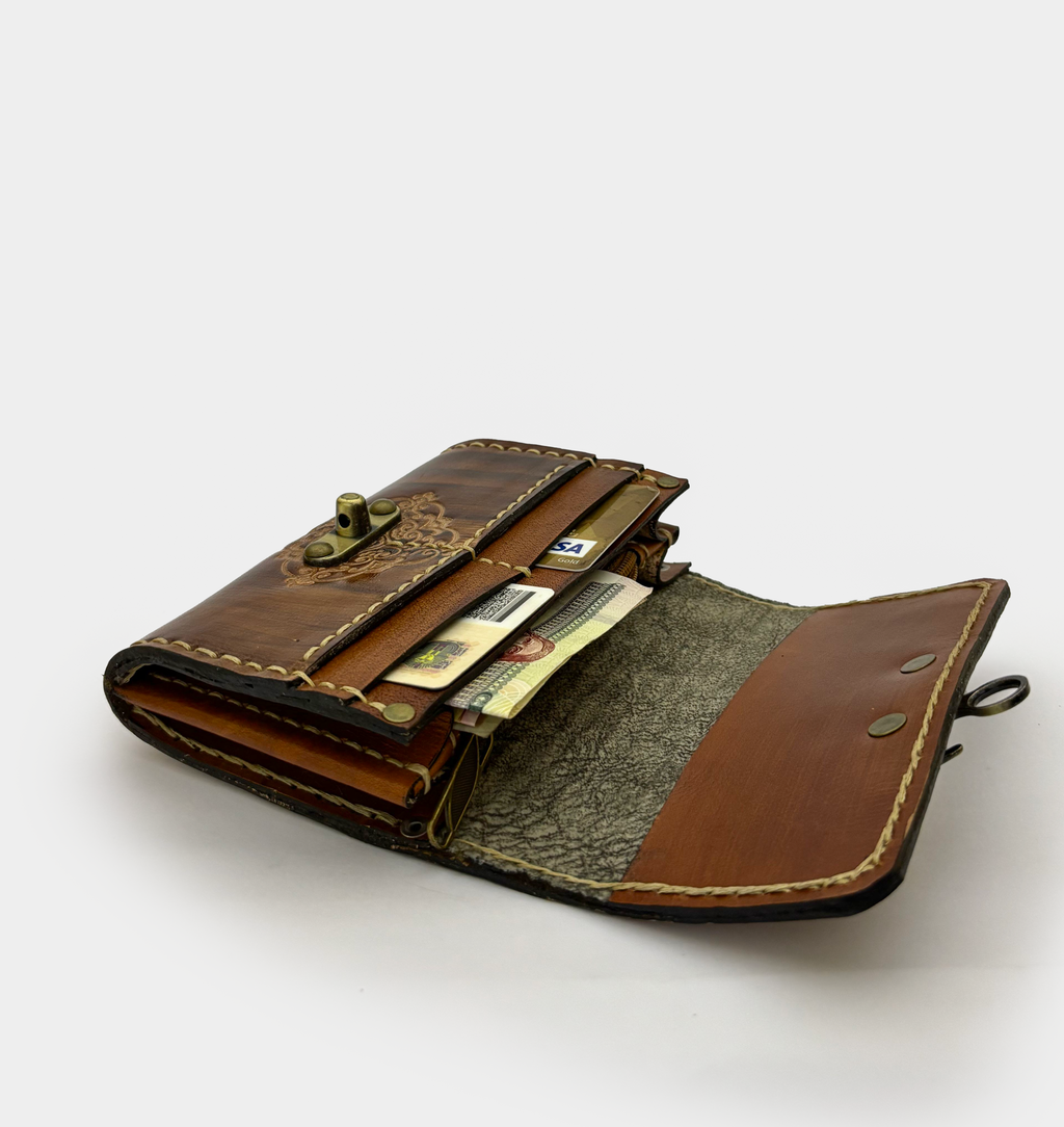 Tooled Brown Leather Clutch - Small
