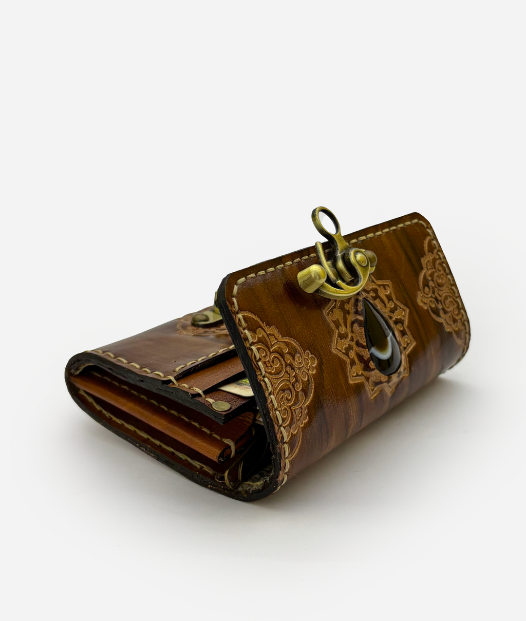 Tooled Brown Leather Clutch - Small