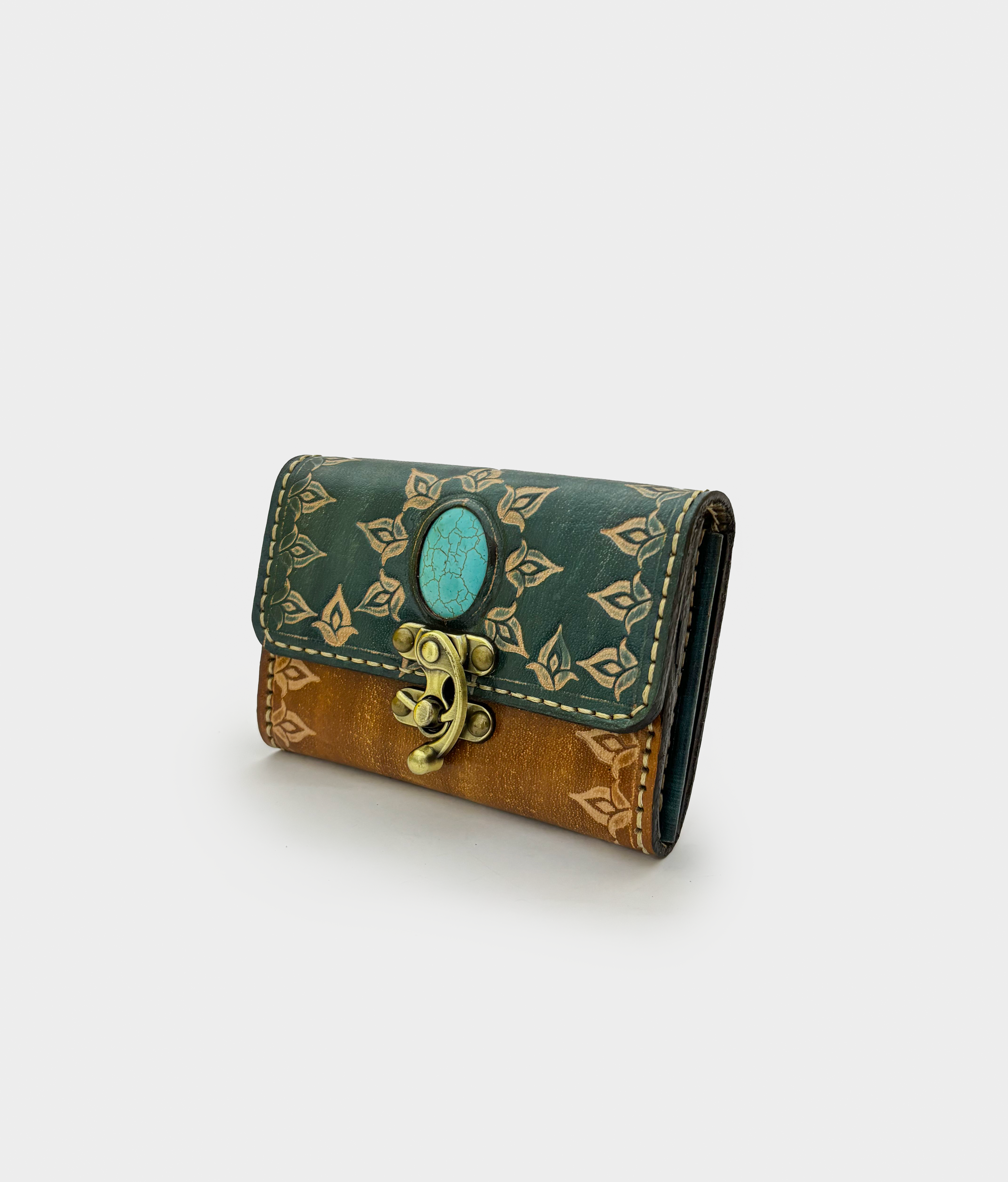 Turquoise Stone Leather Clutch - Small