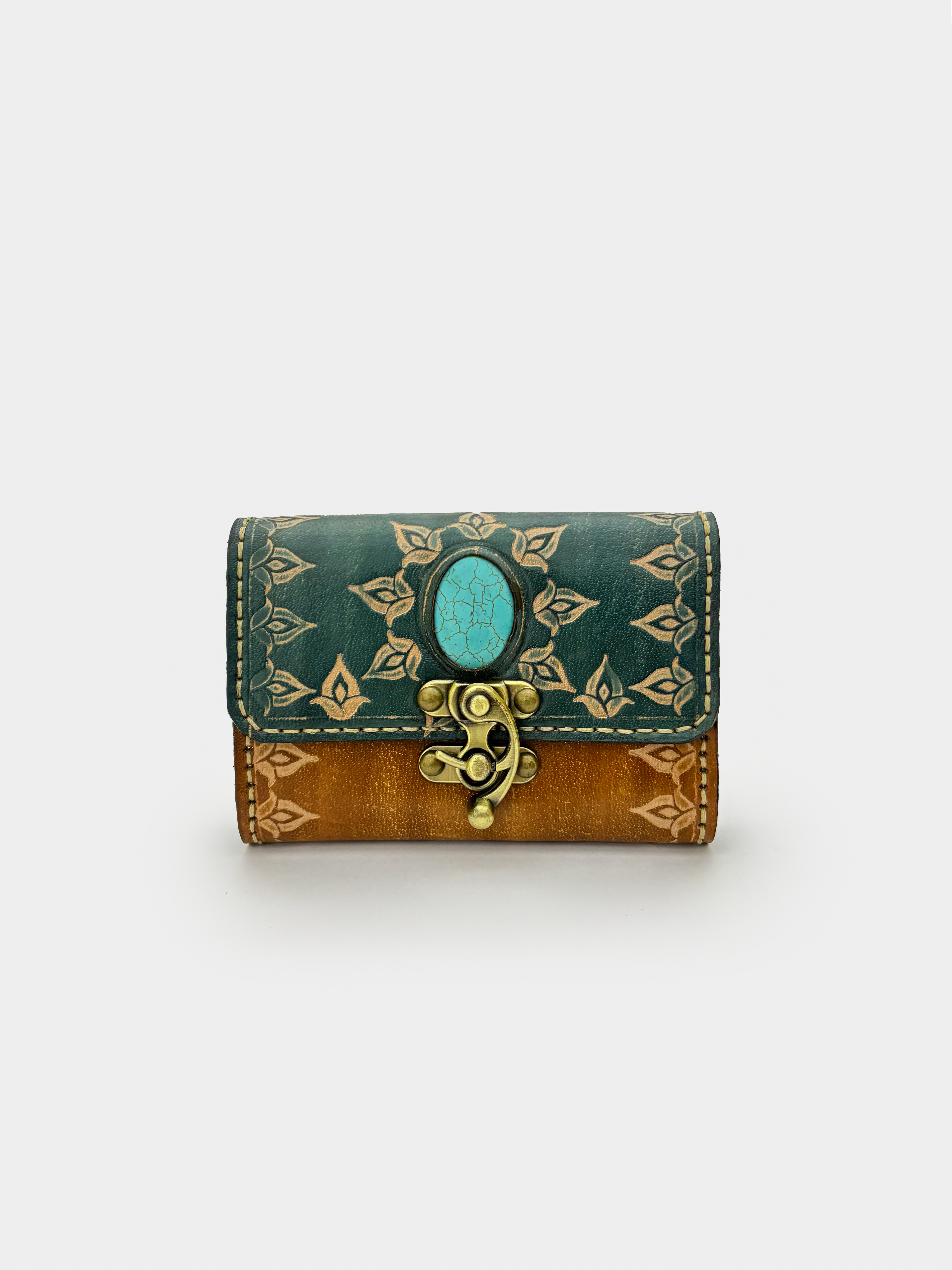 Turquoise Stone Leather Clutch - Small