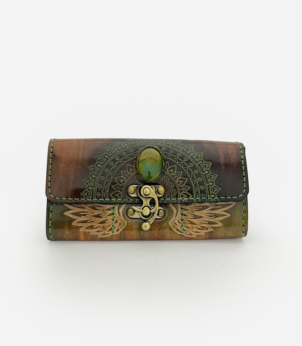 Wing Mandala Brown Leather Clutch