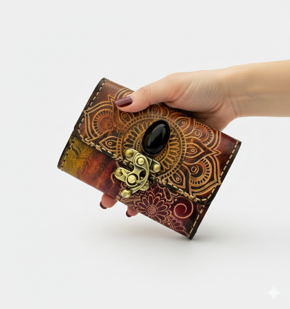 Burgundy Brown Leather Clutch - Small