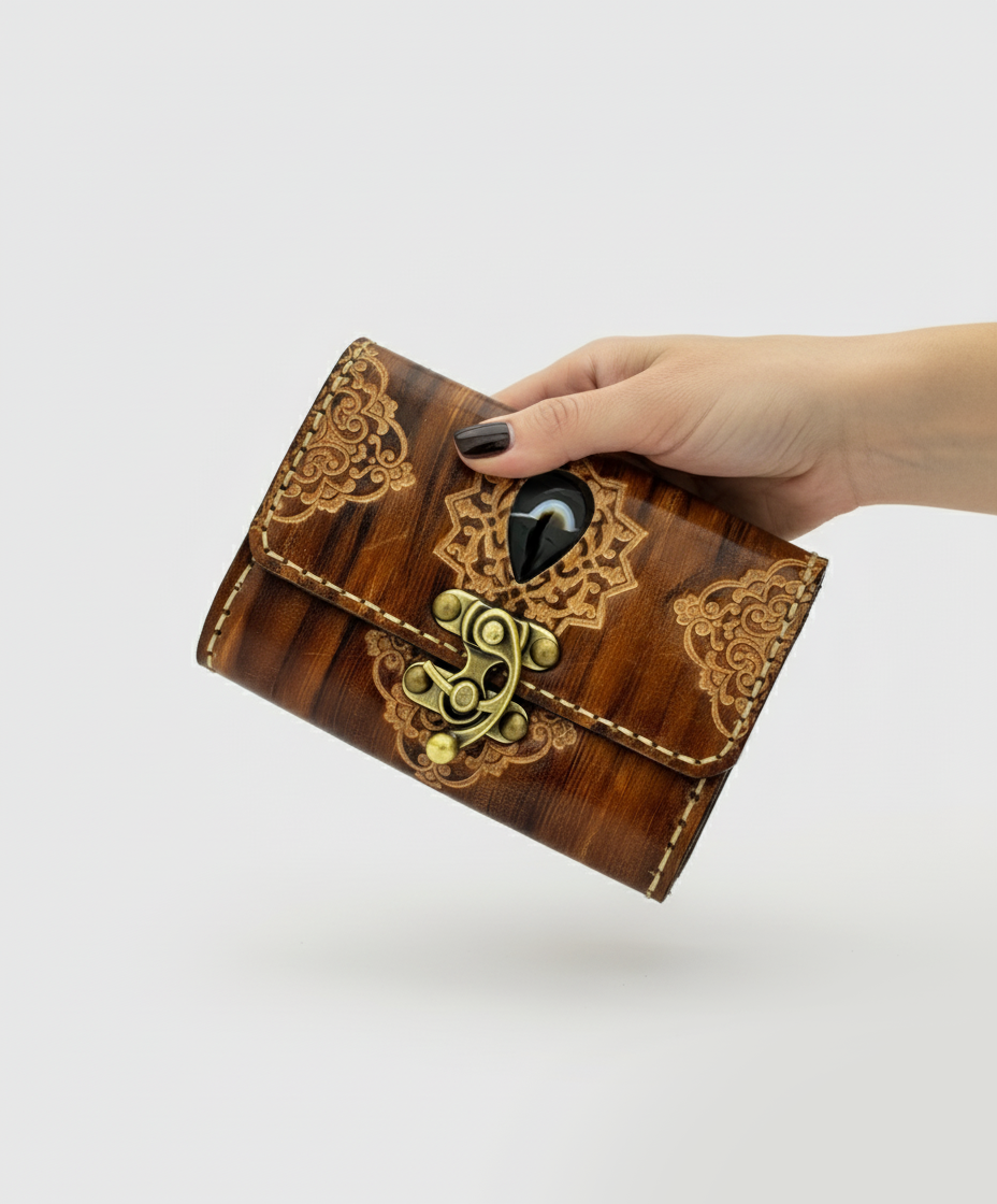 Tooled Brown Leather Clutch - Small