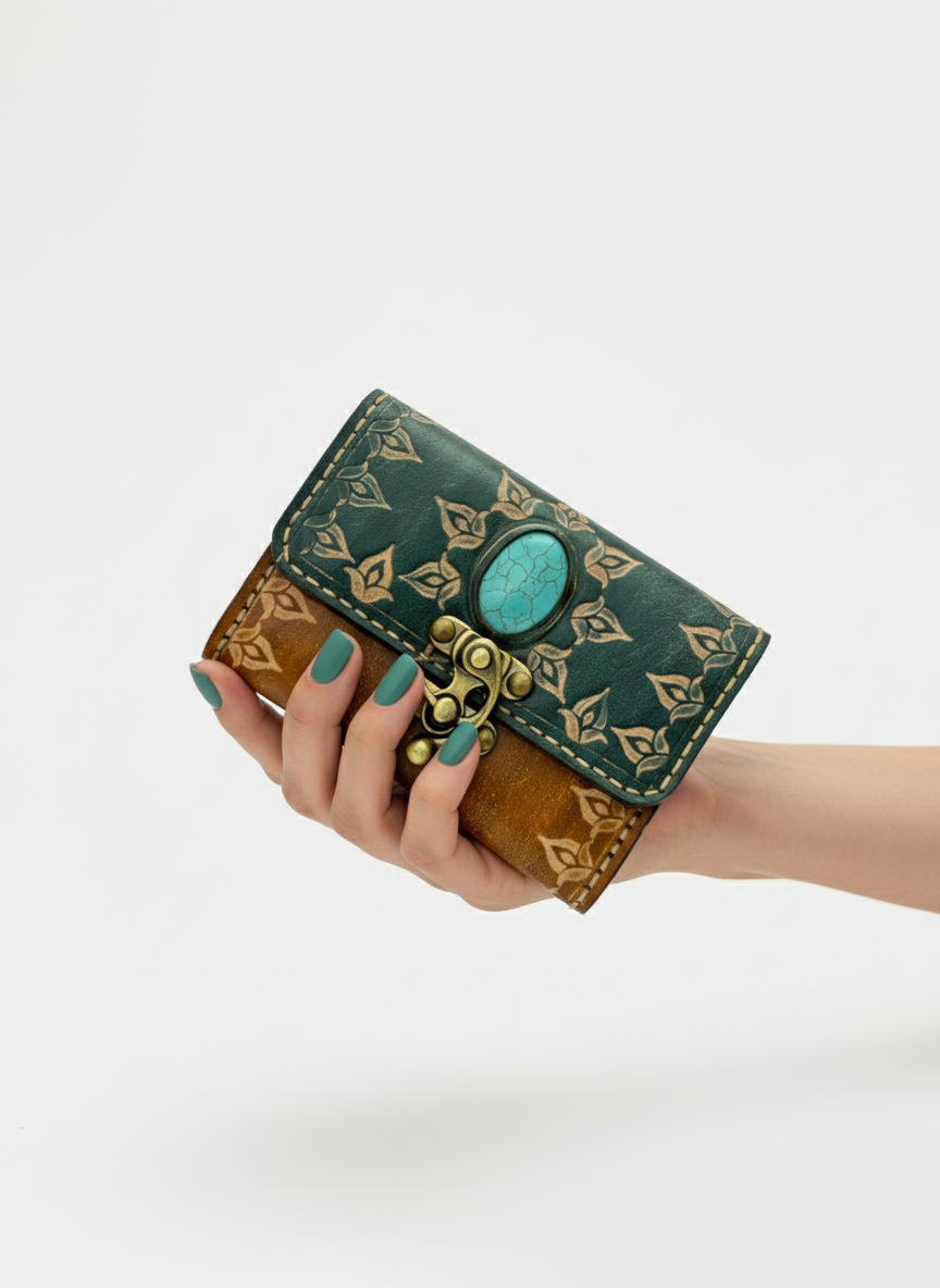 Turquoise Stone Leather Clutch - Small