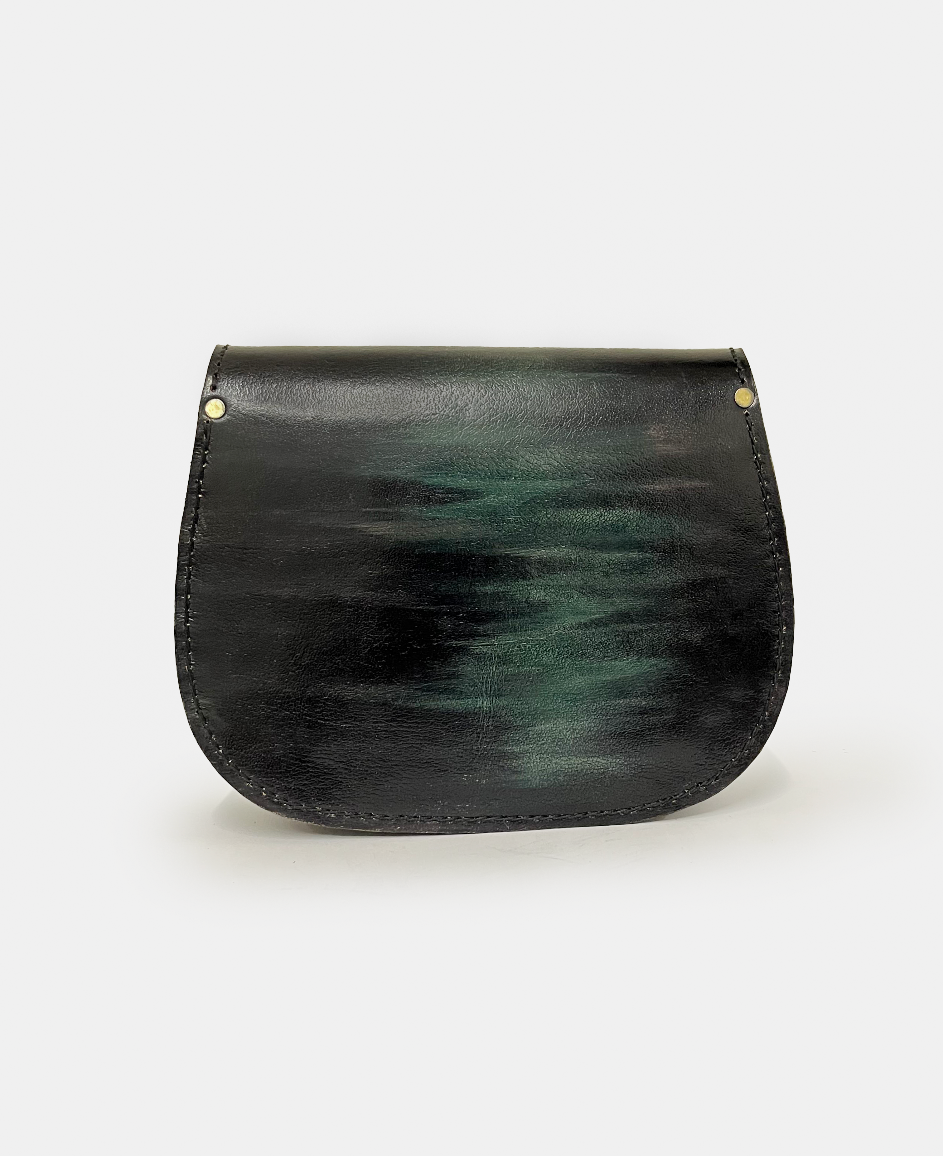 Back view of gold and black handmade leather crossbody bag