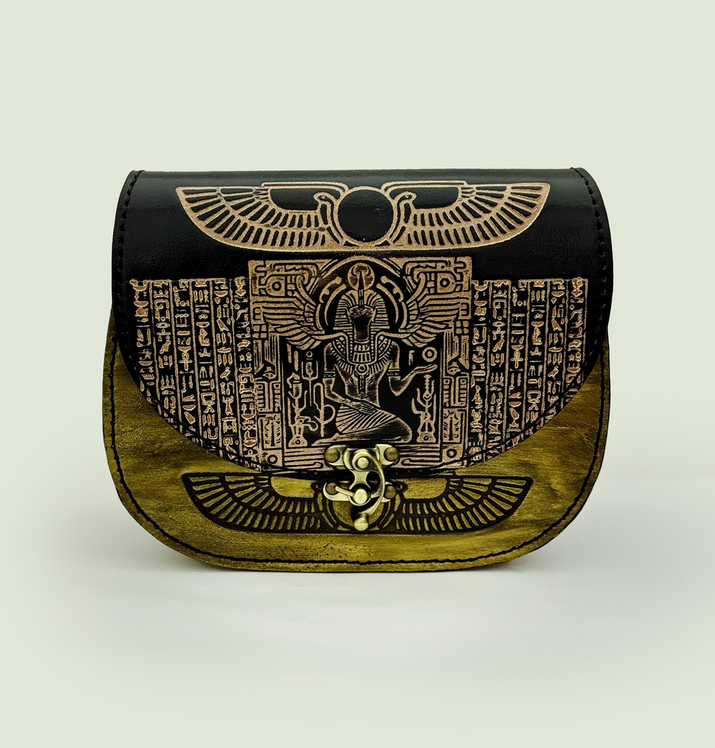 Front view of handmade Pharaoh gold and black leather crossbody bag